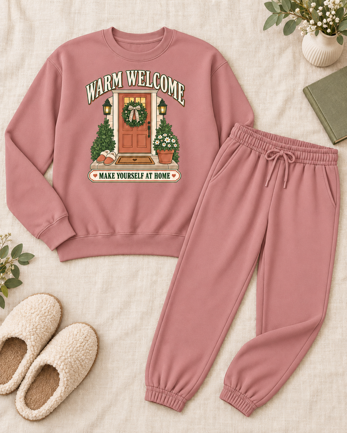 Dusty rose Warm Welcome sweatshirt and matching joggers